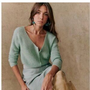 SEZANE NWT SEA GREEN Mohair Alpaca Wool Barry Reversible V Neck CardiganSweater